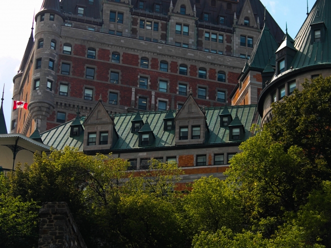 The iconic Fairmont Le Chateau Frontenac sits high on a bluff in the heart of Old City Québec.